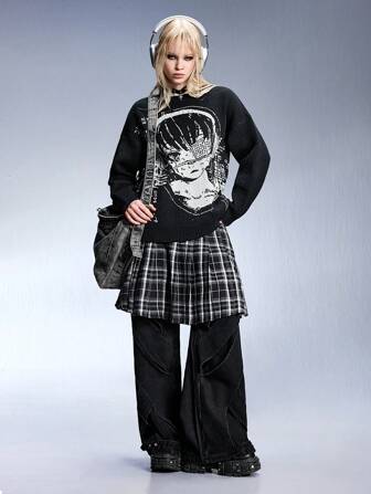 Grunge Punk Oversized Y3K Grunge Mädchen Porträt Intarsia Pullover