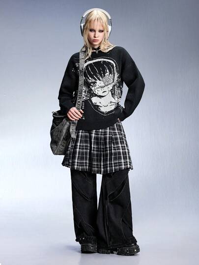 Grunge Punk Oversized Y3K Grunge Mädchen Porträt Intarsia Pullover