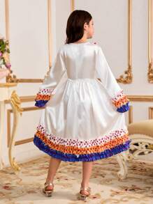 Tween Girl Floral Print Mix Faux Fur Design Long Sleeve Dress - Multicolor - View 2