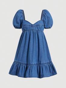 SHEIN MOD 女式泡泡袖牛仔裹身裙，迷你版型，蓝色，女式连衣裙，女式夏季服装，女式商务休闲装，女式优雅连衣裙，女式复活节连衣裙，女式牛仔装，女式音乐会服装，狂欢节服装，圣帕特里克节服装，老钱风格女式，狂欢服装，伊比沙岛服装 - 中等水洗藍 - 查看 6