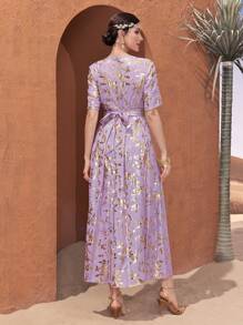 Al Najma 女士短袖简约时尚休闲日常连衣裙 - 紫色 - 查看 2