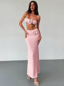 Aloruh Apricot Beach Resort Romantische Date Tube Top Met 3D Bloemen Stropdas + Lage Taille Maxi Lengte 3D Bloemen Rok 2-delige Set Voor Vrouwen
