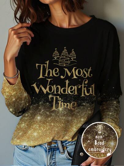 Glamance Trape Graphic Women Gold T-Shirts Wrist-Length Sleeve Round Neck Casual Plants,Letter,Christmas,Slogan,Plain Summer Outfits For Women Graphic Tee For Women Going Out