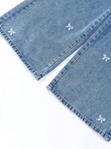 SHEIN 青少年女孩复古酷炫蝴蝶结刺绣宽松休闲黑色阔腿牛仔裤