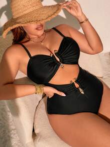 Swim Vcay Summer Plus Size Women Solid One-Piece Hollow Metal Buckle Adjustable Strap Swimsuit - Black - View 1