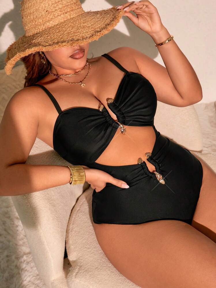 Swim Vcay Traje de baño de una pieza de talla grande para mujer de verano, con hebilla metálica hueca ajustable - Negro - Añade 1