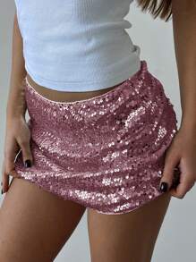 Aloruh 女式万圣节圣诞节亮片超短派对粉色迷你裙，低腰，适合返校季 - 粉色 - 查看 5