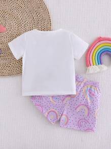 2 Stücke Set für Babys, Mädchen, lila, mit Wolken- und Regenbogen-Print, kurzärmliges Oberteil und Shorts, lässige, lockere Passform, Frühlings- und Sommerkleidung, Urlaubsset, lila Sets für den Sommer, Babys