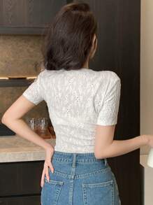 DAZY 休闲简约纯色纹理刺绣短袖T恤夏季 - 白色 - 查看 2