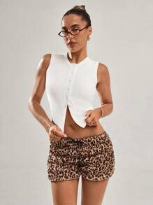 SHEIN BAE 女士白色罗纹针织单排扣休闲短款上衣，夏季女士上衣，外出上衣 - 杏色 - 查看 7