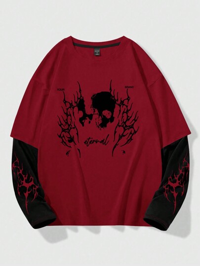 Goth Maglietta a maniche lunghe con girocollo casual da uomo, con stampa di scheletro, per l'autunno