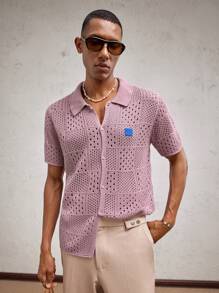 AKNOTIC Party 男士粉色格子镂空撞色蓝色字母标志针织宽松翻领短袖休闲开衫，适合日常穿着、情人节、情侣装、度假装、秋冬装 - 粉色 - 查看 2
