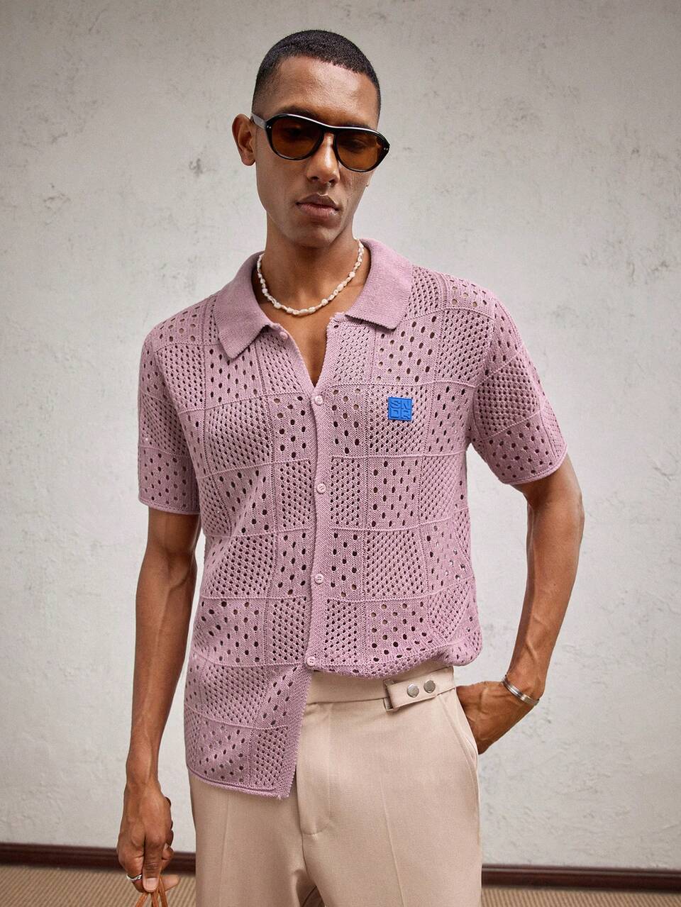 Men's Pink Plaid Cutout Letter Logo Knit Loose Short Sleeve Cardigan,Soft Summer Color Palette,Summer,Casual,Vacation,Holiday,Turndown Collar,Daily