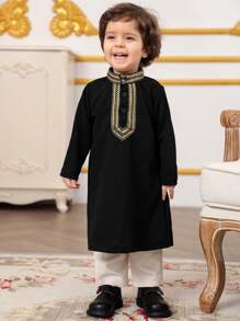 Baby Boys 2pcs Black Long Sleeve Top With Ribbon Decor And Long Pants Set - Multicolor - View 4