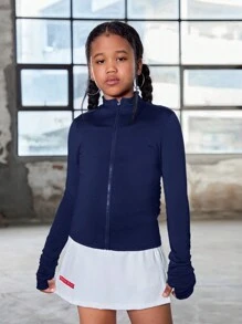 SHEIN Áo khoác thể thao dài tay bó sát màu trơn cho bé gái tuổi mới lớn, thường ngày/mặc ở nhà - Màu xanh hải quân - Xem 6