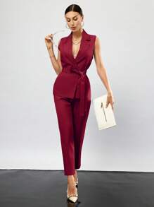 Aveloria Modichic Lapel Neck Belted Vest Blazer & Pants  - Red - View 5