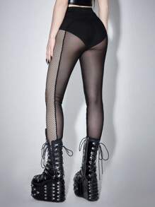 ROMWE Grunge Punk 情人节狂欢节暗黑朋克镂空渔网拼接金属带打底裤，女式弹力紧身裤袜