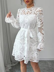 Elenzga Women's Solid Color Minimalist Casual Daily Wear Short Dress - White - View 5