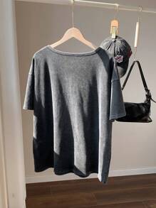 Comfortcana Camiseta de manga corta con cuello en V de algodón, de talla grande, con lavado ácido y efecto desgastado, de corte holgado, para primavera/verano