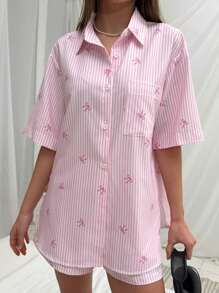 Aloruh 2pcs Set Sweet Butterfly Print Striped Comfortable Shorts Shirt Suit For Indoor & Outdoor Wear, Early Spring - Pink - View 1