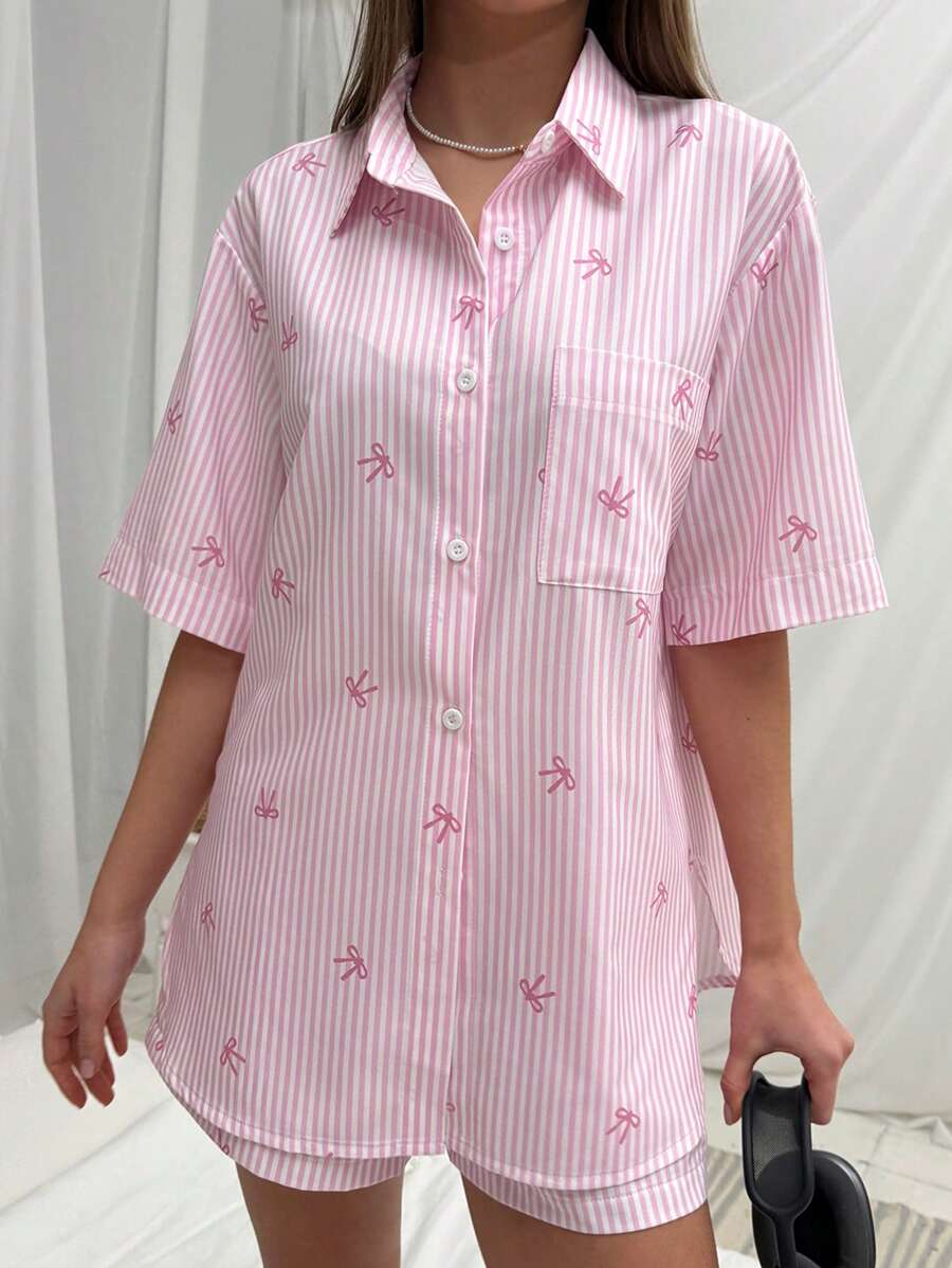 Aloruh 2pcs Set Sweet Butterfly Print Striped Comfortable Shorts Shirt Suit For Indoor & Outdoor Wear, Early Spring - Pink - View 1