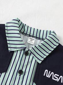 SHEIN Young Boy Striped Woven Patchwork Dark Blue Shirt