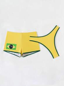 Swim SXY Summer 2pcs/Set Solid Color Thong Underwear And Printed Swim Trunks - Yellow - View 8