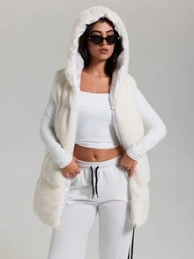 CasuGlow Casual Plush Hooded Sleeveless Winter Coat - White - View 5