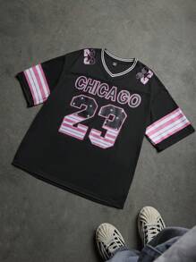 Manfinity EMRG Men's Letter Print V-Neck Short Sleeve Casual Basketball Jersey Style T-Shirt - Black - View 1