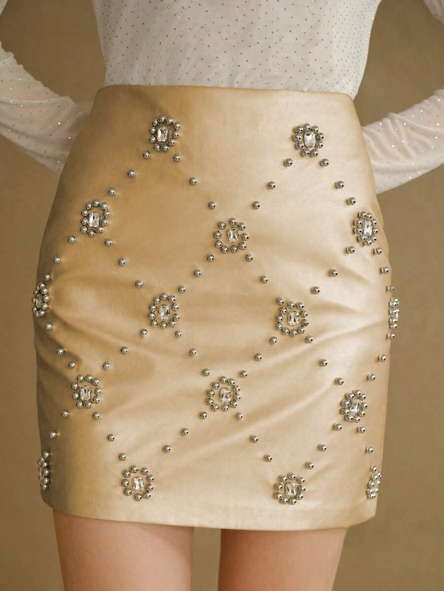 MOTF STUDIO BEADED & RHINESTONE DETAIL SKIRT - Gold - View 1