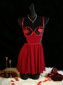 Camisón de lencería sexy para el Día de San Valentín, diseño de malla en forma de corazón, que estiliza la figura, extremadamente seductor para mujeres