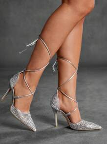 CUCCOO SZL Giày cao gót mũi nhọn đính đá màu bạc cho nữ, giày cao gót lưới rỗng, giày cao gót buộc dây gợi cảm cho câu lạc bộ tiệc tùng - Bạc - Xem 11