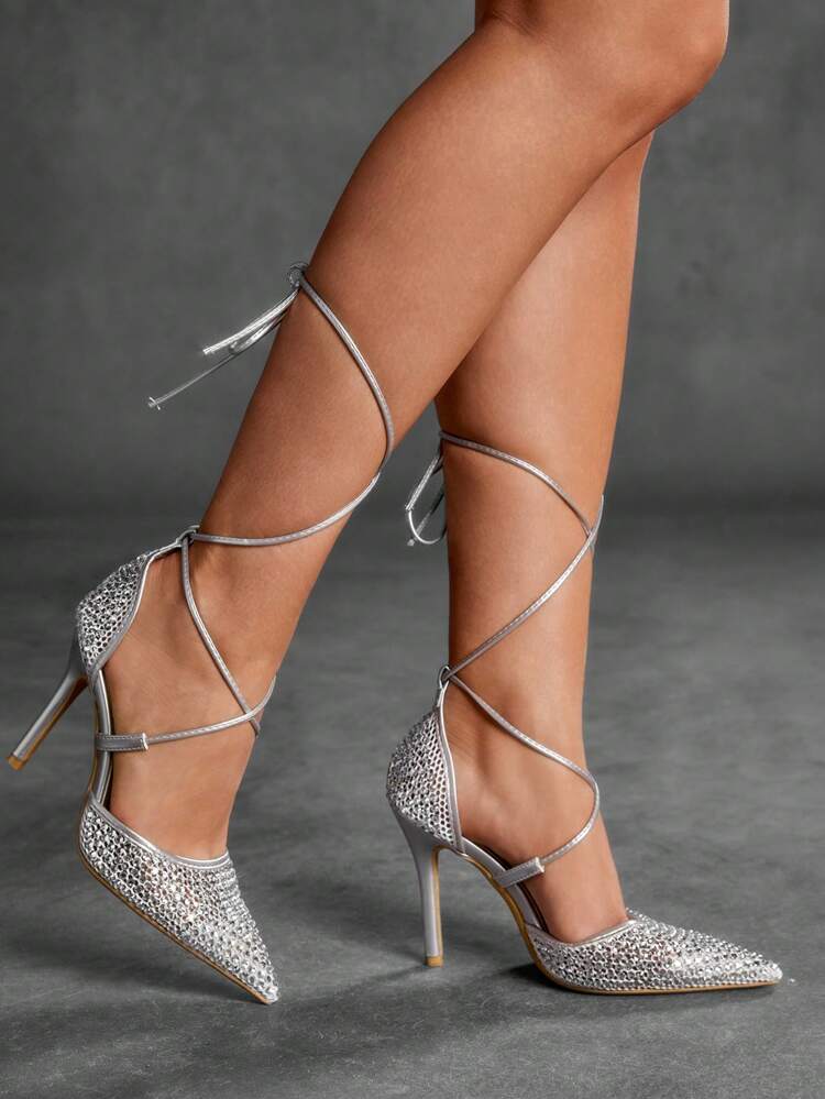 CUCCOO SZL Women High Heel Pointed Toe Rhinestone Silver Sandals, Hollow Mesh Stilettos Party Club Sexy Lace-Up Pumps Spring Shoes Spring Break Easter Prom Heels For Christmas Spring Shoes