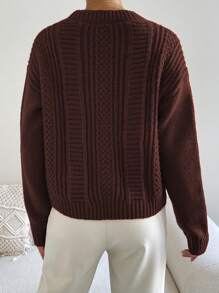 Chiquease 休闲纯色落肩宽松针织毛衣，秋冬，长袖上衣 - 棕色 - 查看 2