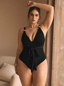 Swim Chiccia 夏季大码连体泳衣，系腰带和可调节肩带，优雅海滩系列