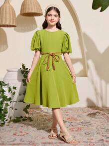 SHEIN Leap Crew Tween Girl Elegant Solid Color Round Neck Short Sleeve Sleeveless Woven Dress - Green - View 2