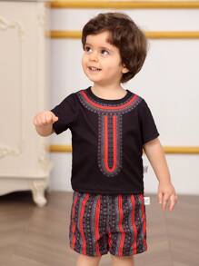 男婴黑色图案印花领短袖 T 恤和短裤套装，适合多种场合 - 黑色 - 查看 5