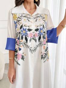 Al Najma 女式花卉印花单排扣七分袖宽松阿拉伯风格连衣裙，端庄 - 藍色 - 查看 6