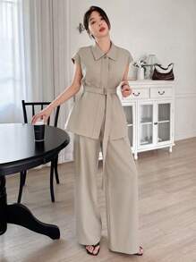DAZY 2 件套女士无袖束带衬衫和阔腿裤教师装