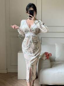 DAZY Vestido de mujer de cuello en V profundo con estampado floral de longitud media para fiesta, vestido de otoño de manga larga, vestido elegante para mujer - Beis - Ver 10