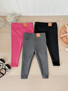 SHEIN LMoss Kids Conjunto de 3 piezas para bebé niña: Mallas ajustadas a juego, casuales y versátiles en negro, gris y rosa rojo. Oferta de compra 1 y lleva 3, elegante para otoño/invierno - Negro - Ver 3