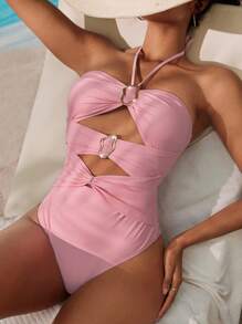 Swim Chiccia 1/2 Cup Bandeau Hollow-Out Elegant And Sexy One-Piece Swimsuit Summer - Pink - View 1