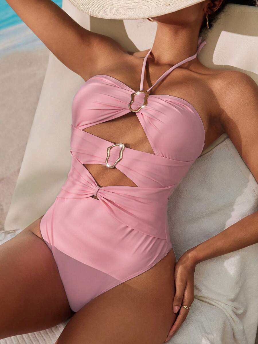Swim Chiccia 1/2 Cup Bandeau Hollow-Out Elegant And Sexy One-Piece Swimsuit Summer - Pink - View 1