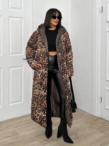 SHEIN Oversize Two-Faced Leopar And Black Long Overcoat
