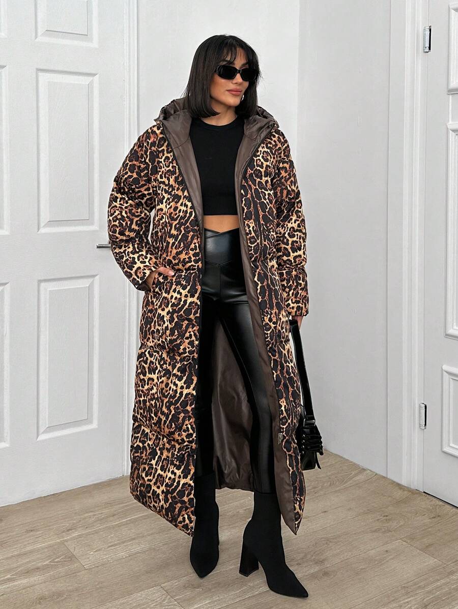 SHEIN Oversize Two-Faced Leopar And Black Long Overcoat