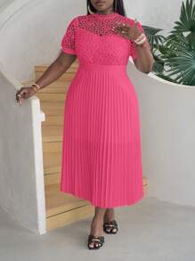 Slaydiva Lace Patchwork Pleated Puff Sleeve Plus Size Women Dress - Hot Pink - View 1