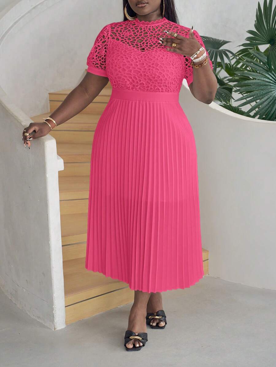 Slaydiva Lace Patchwork Pleated Puff Sleeve Plus Size Women Dress - Hot Pink - View 1