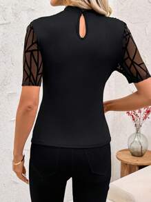 SHEIN Clasi Summer Elegant Women's Black Heart Collar Splicing Geometric Pattern Plush Hollow Short Sleeve Elastic T-Shirt, Suitable For Various Occasions