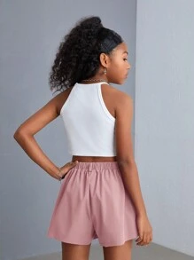 SHEIN SLAYR KIDS Tween Girl Street-Style Heart Print Halter Top And Shorts Set - Dusty Pink - View 2
