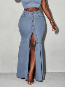 Slaydiva Váy denim dài vừa phải phong cách ngư dân đơn giản có túi nút cho nữ - Rửa nhẹ - Xem 2